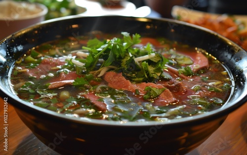 A steaming bowl of Vietnamese pho with thinly sliced meat, rice noodles, and bean sprouts. Fresh herbs, sliced chilies, and lime wedges are served on the side.