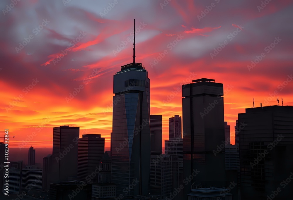 Breathtaking Cityscape at Dusk with Skyscraper against a Vibrant Orange-Pink Sky Breathtaking Cityscape at Dusk with Skyscraper against a Vibrant Orange-Pink Sky