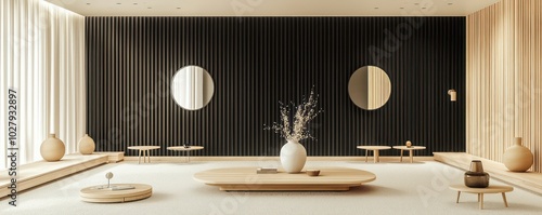 Panoramic view of a minimalist room with a black slatted wall, round mirrors, coffee tables, and a life-giving vase on a light carpet photo