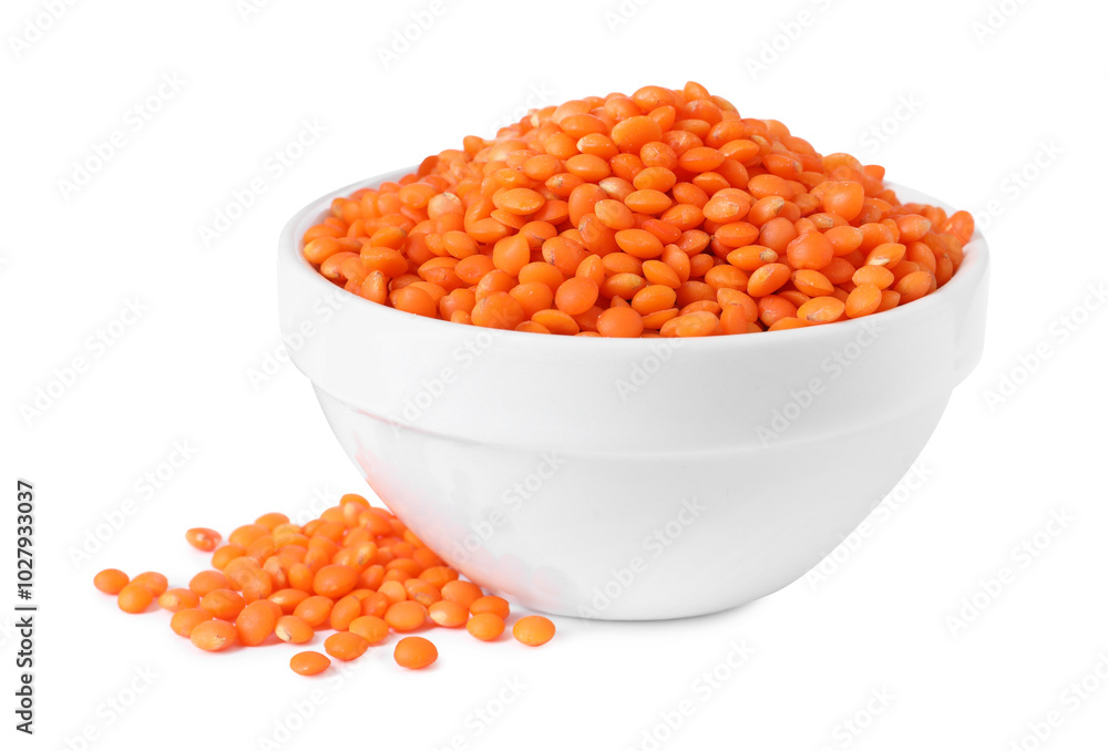 Raw lentils in bowl isolated on white Raw lentils in bowl isolated on white