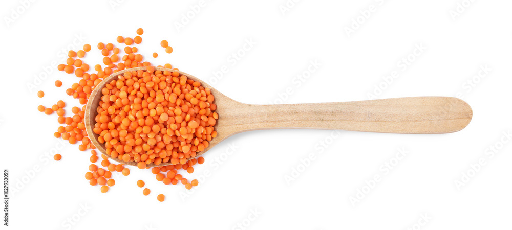 Raw lentils in spoon isolated on white, top view Raw lentils in spoon isolated on white, top view
