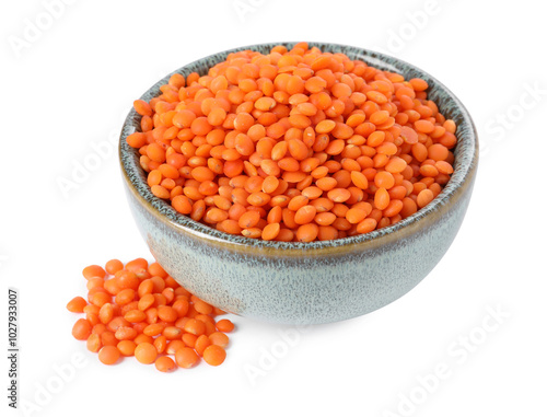 Raw lentils in bowl isolated on white