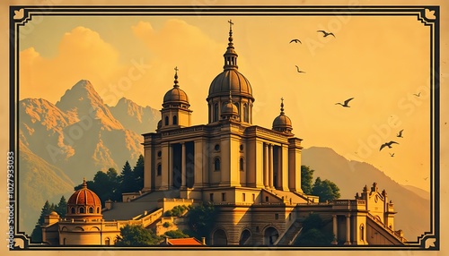 Majestic Baroque Church of St. Anthony of Padua in Murska Sobota, Slovenia against a Breathtaking Mountainous Sky photo