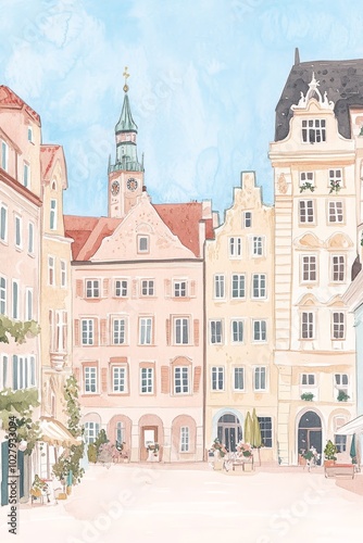 Gouache illustration of Munich in Germany on a sunny morning, detailed soft pastel colour palette, vintage vogue style, perfect for travel or city guides Generative AI