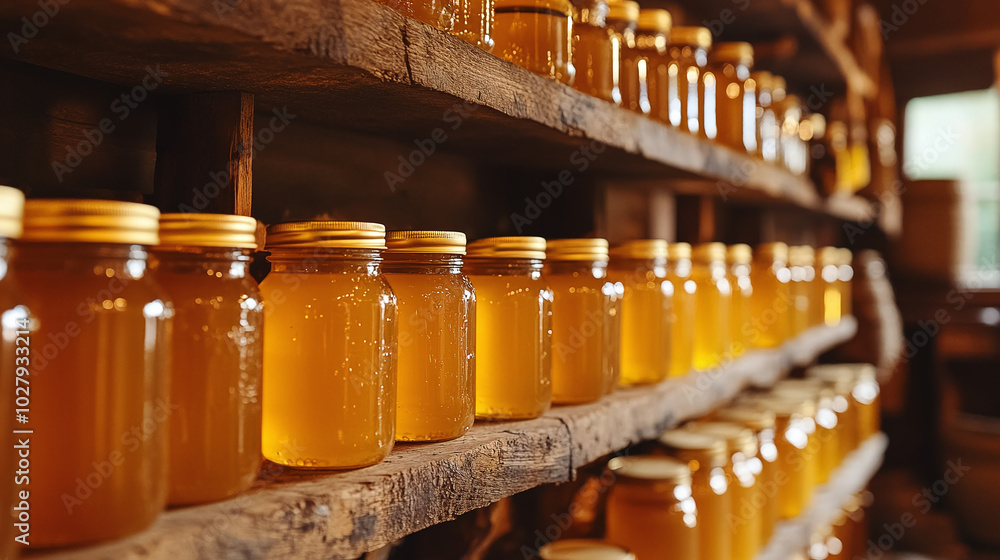 Shelves filled with jars of golden honey, creating a warm ambiance in a rustic setting. Shelves filled with jars of golden honey, creating a warm ambiance in a rustic setting.