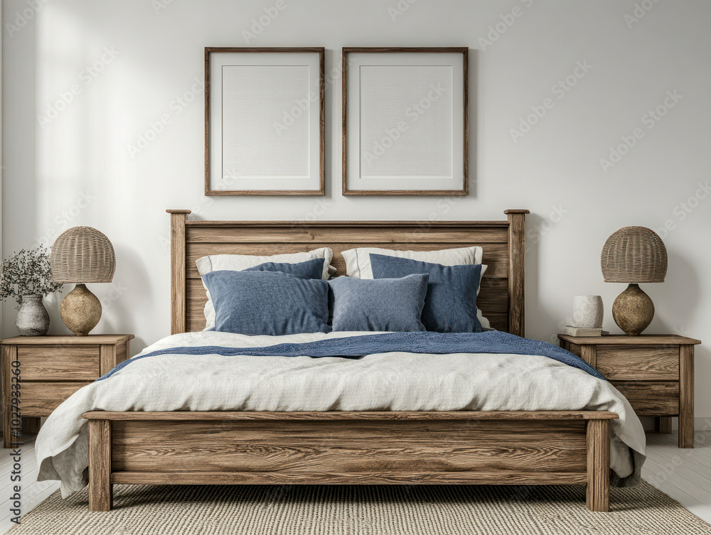 Rustic bedroom with wooden furniture and blue accents Rustic bedroom with wooden furniture and blue accents