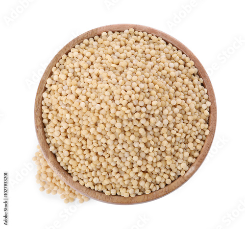 Raw couscous in wooden bowl isolated on white, top view