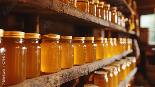 Wallpaper Mural Shelves filled with jars of golden honey, creating a warm ambiance in a rustic setting. Torontodigital.ca