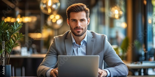 Professional man seated at a modern desk, wearing a stylish jacket and working on a laptop