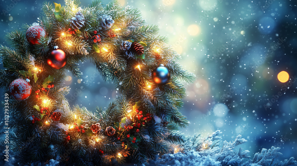 Fototapeta premium Christmas wreath glowing with small lights, snowy setting in the background, festive atmosphere with vibrant colors