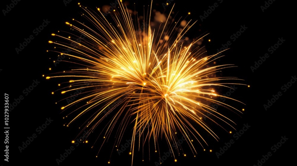 Golden Fireworks Display on Black Background, Capturing the Festive Atmosphere of New Year's Eve Celebrations. Golden Fireworks Display on Black Background, Capturing the Festive Atmosphere of New Year's Eve Celebrations.