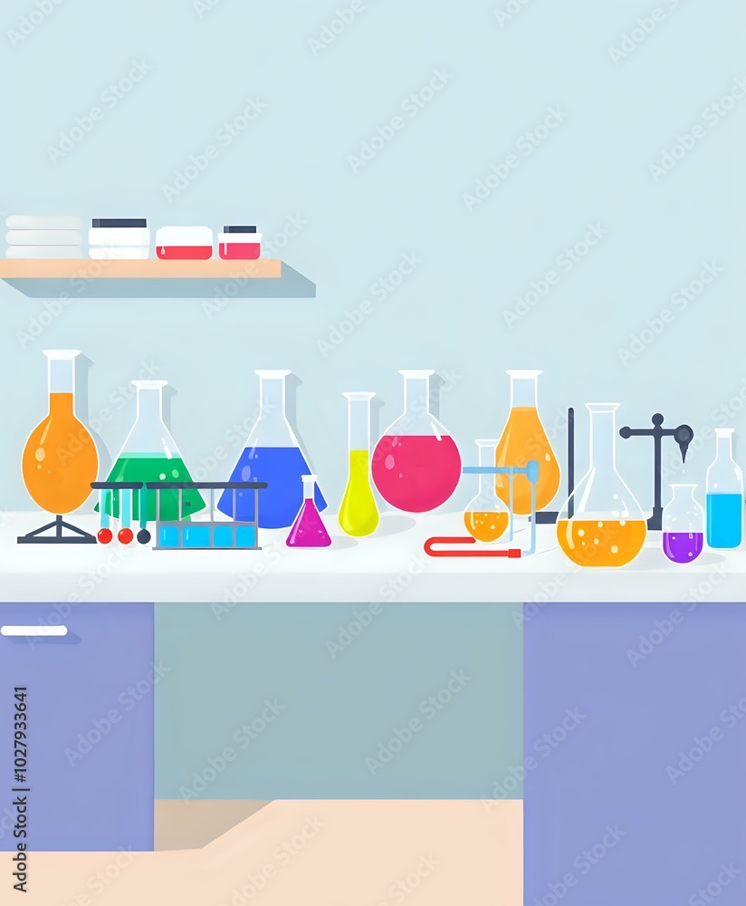 Scientific Laboratory Equipment on Wooden Table with Various Glass Containers in Different Colors Scientific Laboratory Equipment on Wooden Table with Various Glass Containers in Different Colors