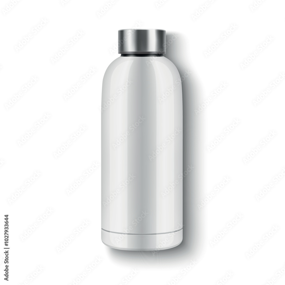 Vector Realistic 3D White Blank Glossy Reusable Water Bottle with Silver Bung Closeup Isolated. Design Template of Packaging Mockup. Front View Vector Realistic 3D White Blank Glossy Reusable Water Bottle with Silver Bung Closeup Isolated. Design Template of Packaging Mockup. Front View