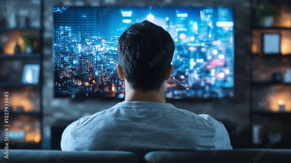 Man observing a connected TV screen in a living room, providing copy space for text and design. Man observing a connected TV screen in a living room, providing copy space for text and design.