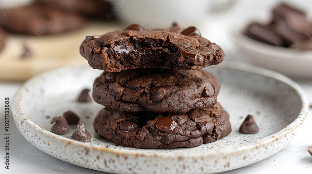 Delicious Chocolate Chip Cookies Stacked High on a White Plate. Delicious Chocolate Chip Cookies Stacked High on a White Plate.