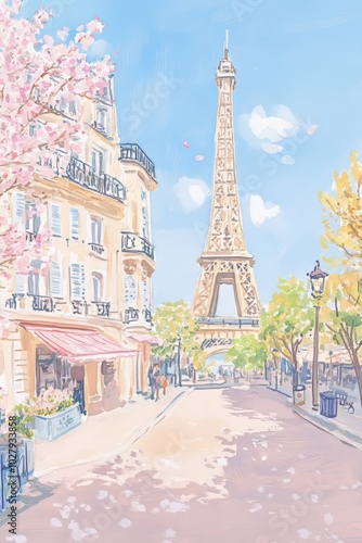 Gouache Illustration of Paris on a Sunny Morning, Vintage Vogue Style Generative AI