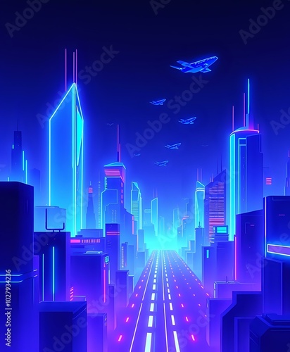  Futuristic City Skyline at Night with Flying Cars