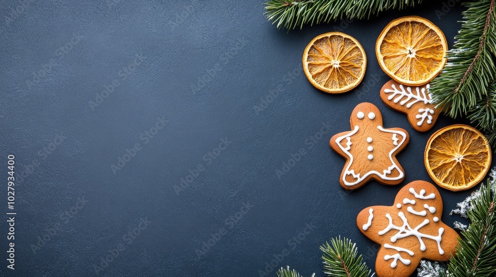 A festive collection features gingerbread cookies alongside dried orange slices and Christmas decorations, set against a calming dark blue background perfect for the holidays A festive collection features gingerbread cookies alongside dried orange slices and Christmas decorations, set against a calming dark blue background perfect for the holidays