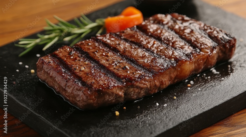 Grilled Steak on Black Slate Plate Grilled Steak on Black Slate Plate