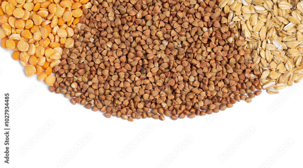 Dry buckwheat, peas and lentils isolated on white, top view Dry buckwheat, peas and lentils isolated on white, top view