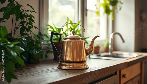 Golden Teapot on Wooden Counter - Vintage-Style Tea Set