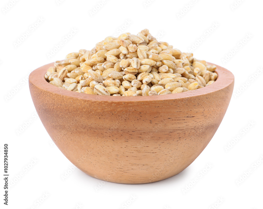 Pearl barley groats in bowl isolated on white Pearl barley groats in bowl isolated on white