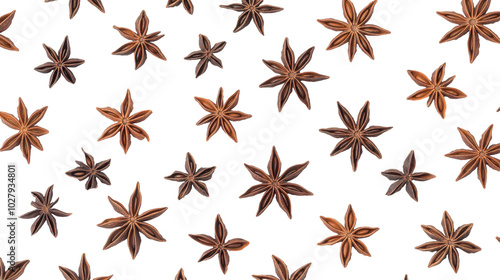 Whole star anise scattered on pure white background: High-Resolution, Ultra-Realistic Top View with Clear Contours and Lifelike Accuracy for Commercial Use.