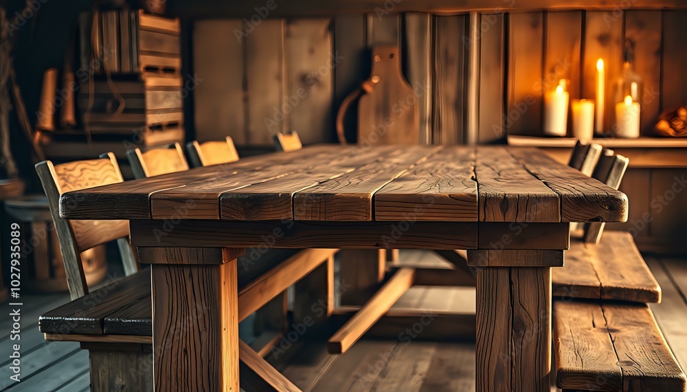 Cozy Rustic Cabin Dining Scene with Wooden Table and Candlelight Cozy Rustic Cabin Dining Scene with Wooden Table and Candlelight