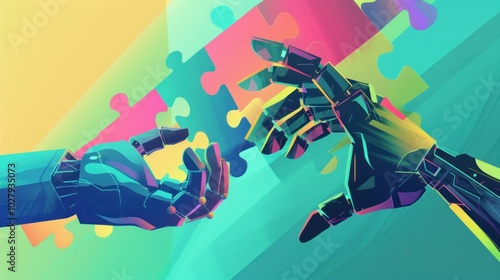 Wallpaper Mural robotic hands connecting puzzle pieces, colorful abstract background, technology and human interaction concept, modern design elements, vibrant colors and shapes, innovation imagery Torontodigital.ca