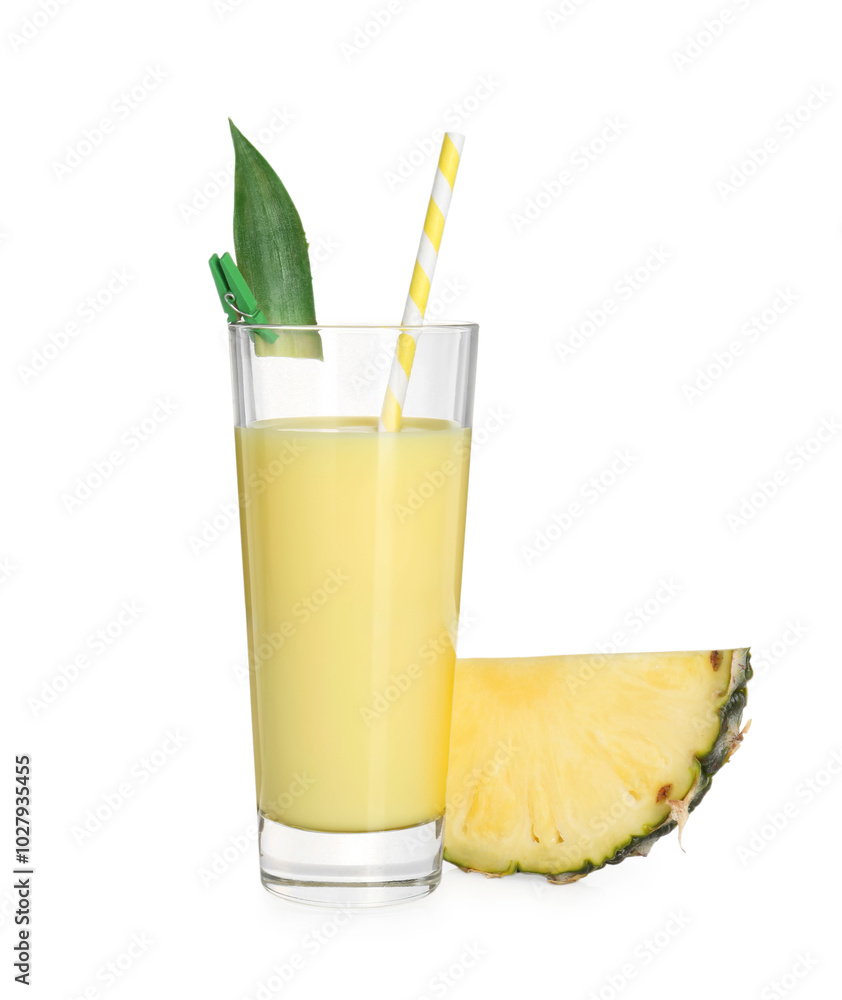 Tasty pineapple smoothie in glass and slice of fruit isolated on white Tasty pineapple smoothie in glass and slice of fruit isolated on white