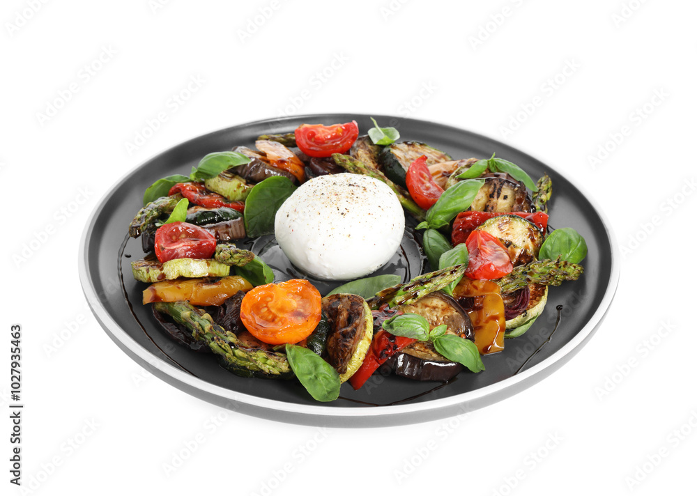 Tasty salad with grilled vegetables and mozzarella cheese isolated on white Tasty salad with grilled vegetables and mozzarella cheese isolated on white