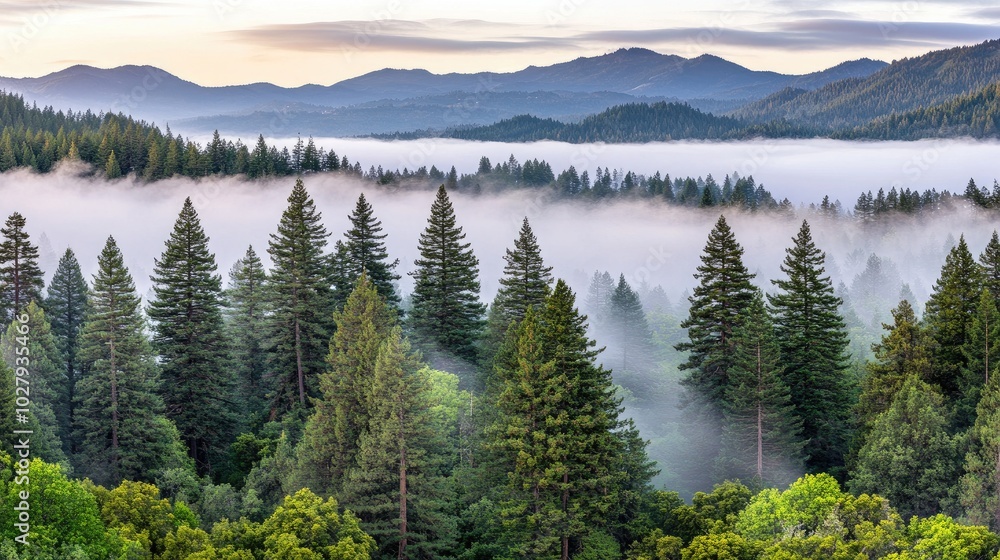 A serene mist blankets the towering redwood forest in California, creating an ethereal atmosphere as fog drifts among the trees and mountains in the distance A serene mist blankets the towering redwood forest in California, creating an ethereal atmosphere as fog drifts among the trees and mountains in the distance