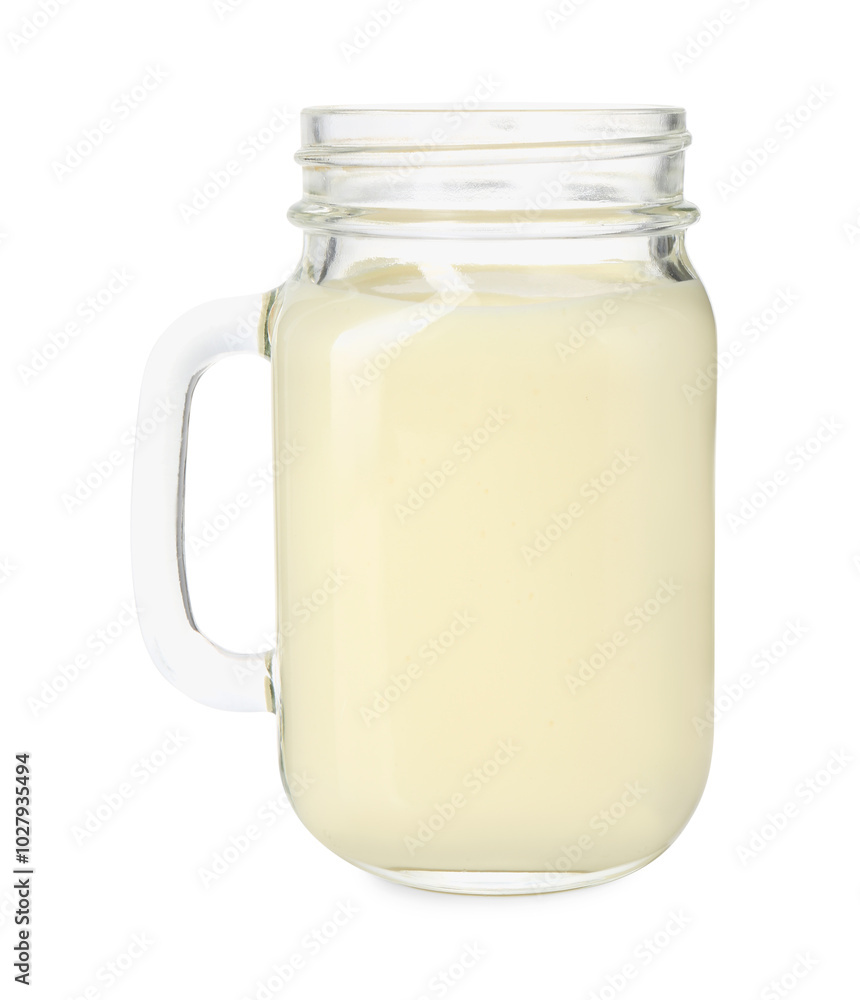 Tasty pineapple smoothie in mason jar isolated on white