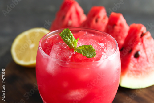 Wallpaper Mural Tasty watermelon drink in glass on blurred background, closeup Torontodigital.ca