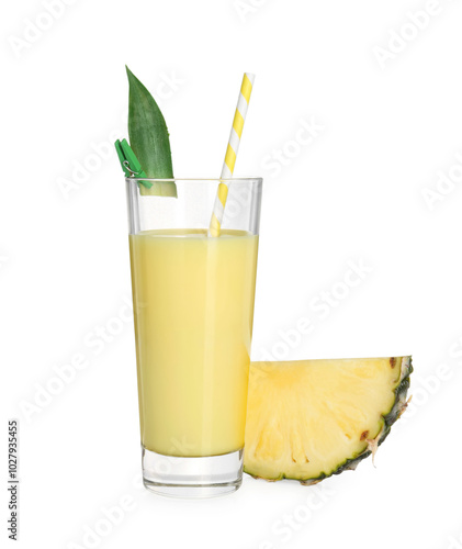 Tasty pineapple smoothie in glass and slice of fruit isolated on white