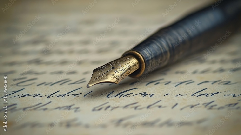 Fototapeta premium Antique Fountain Pen on Cursive Script