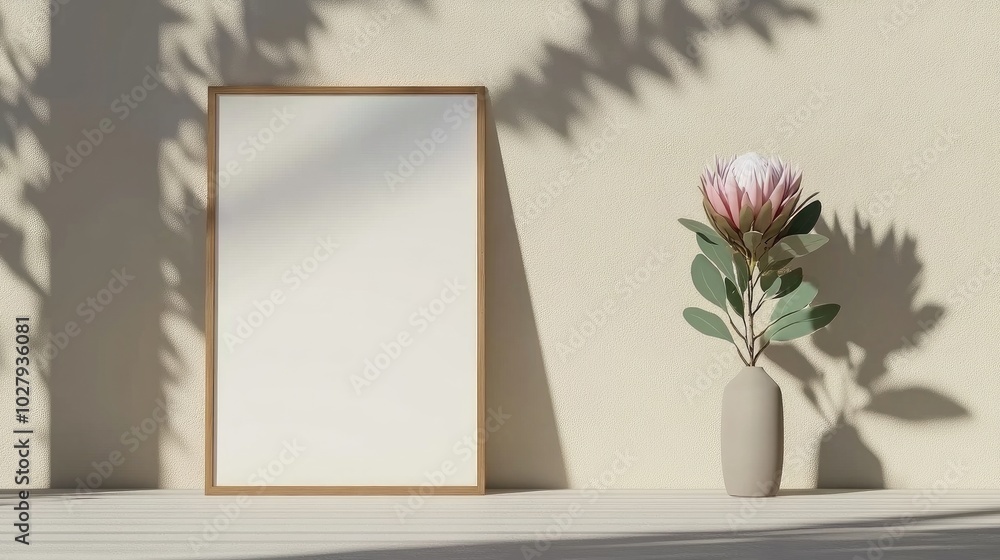 A vertical picture frame leans against the wall next to a pinkish-red king protea flower in a transparent vase, creating a serene and minimalistic indoor atmosphere. A vertical picture frame leans against the wall next to a pinkish-red king protea flower in a transparent vase, creating a serene and minimalistic indoor atmosphere.