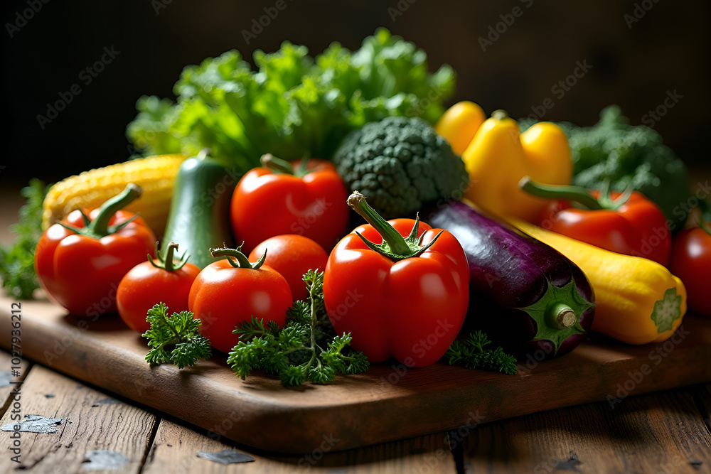 Vibrant Vegetable and Fruit Medley: Fresh Greens, Reds, Yellows, and Purples. Vibrant Vegetable and Fruit Medley: Fresh Greens, Reds, Yellows, and Purples.