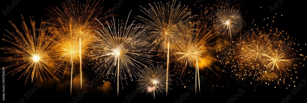 Naklejka premium Elegant Golden Fireworks Display on Black Background for New Year's Eve Celebrations, Capturing Dynamic Energy and Festive Charm.