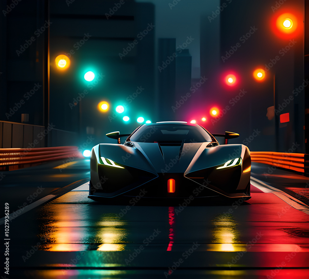 Futuristic concept of hypercar. Against the background of a futuristic city in a new light. Cyberpunk style. Sports cars supercars. Exotic. Futuristic concept of hypercar. Against the background of a futuristic city in a new light. Cyberpunk style. Sports cars supercars. Exotic.