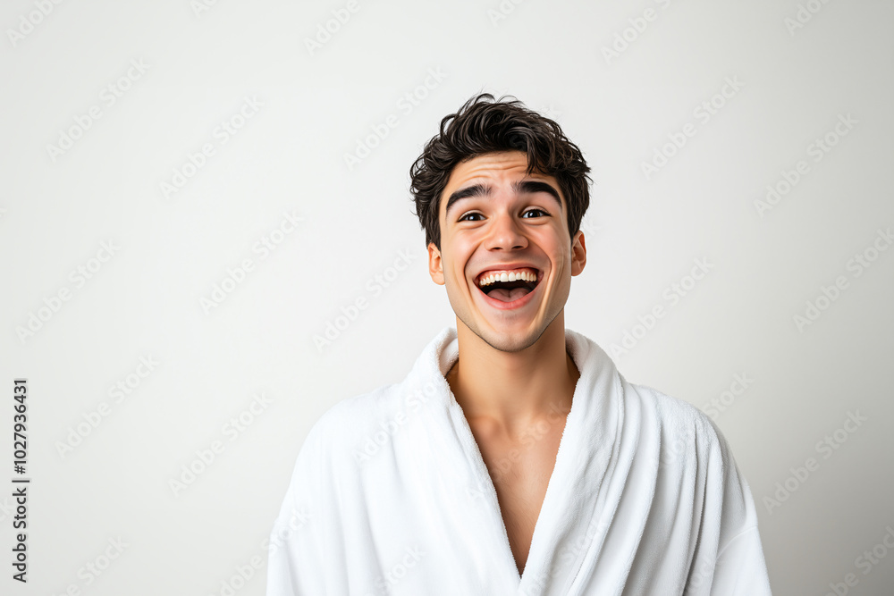 Young handsome man over isolated white background in a bathrobe Young handsome man over isolated white background in a bathrobe