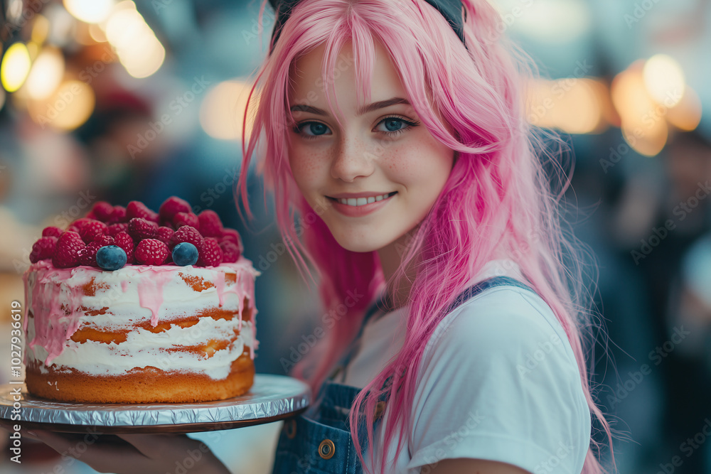 Young Pretty pink-haired girl at outdoors holding cake Young Pretty pink-haired girl at outdoors holding cake