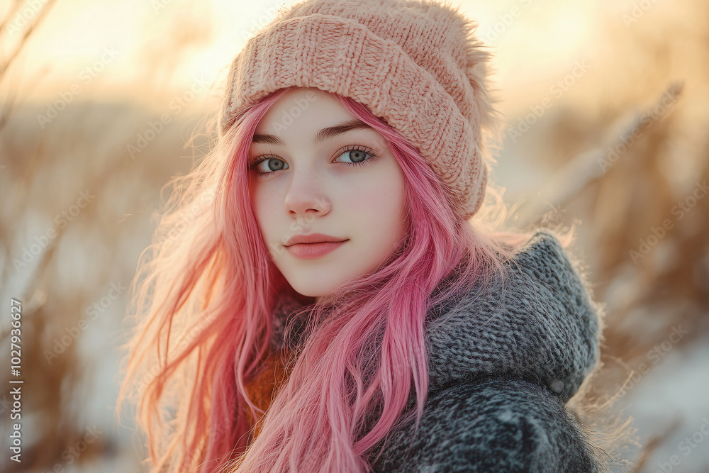 Young Pretty pink-haired girl at outdoors in winter clothes Young Pretty pink-haired girl at outdoors in winter clothes