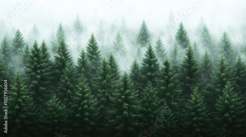 A serene mist blankets the towering redwood forest in California, creating an ethereal atmosphere as fog drifts among the trees and mountains in the distance