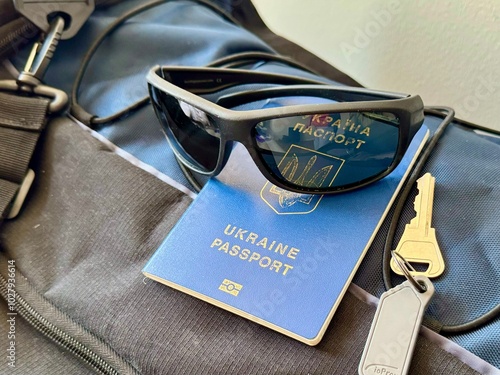 Ukrainian passport and keys are on the travel bag photo