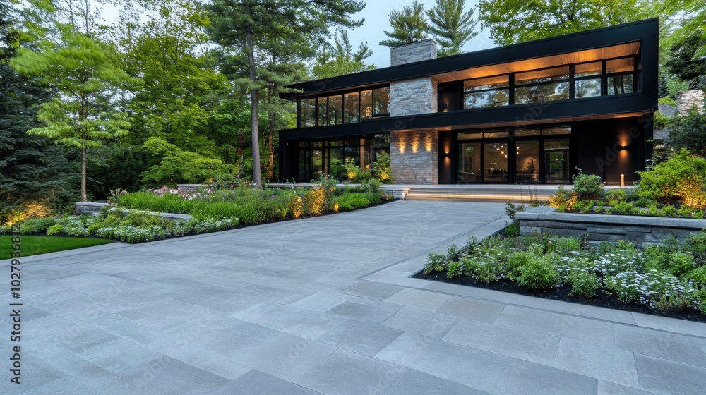 Fototapeta premium A welcoming home features a stone walkway illuminated by lanterns, surrounded by greenery and white flowers, creating an inviting atmosphere at dusk