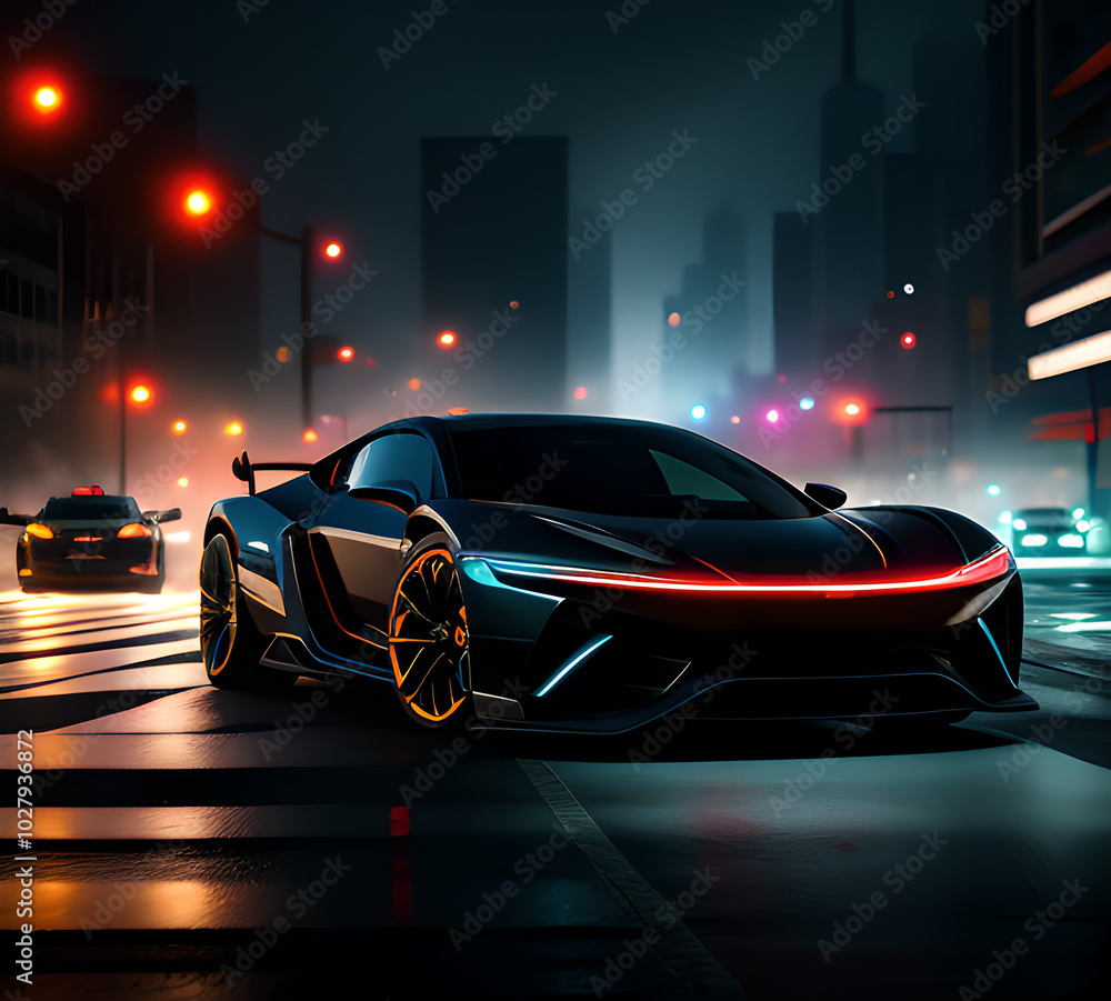 Fototapeta premium Futuristic concept of hypercar. Against the background of a futuristic city in a new light. Cyberpunk style. Sports cars supercars. Exotic.