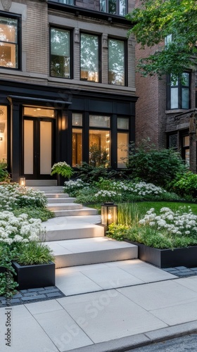 A welcoming home features a stone walkway illuminated by lanterns, surrounded by greenery and white flowers, creating an inviting atmosphere at dusk