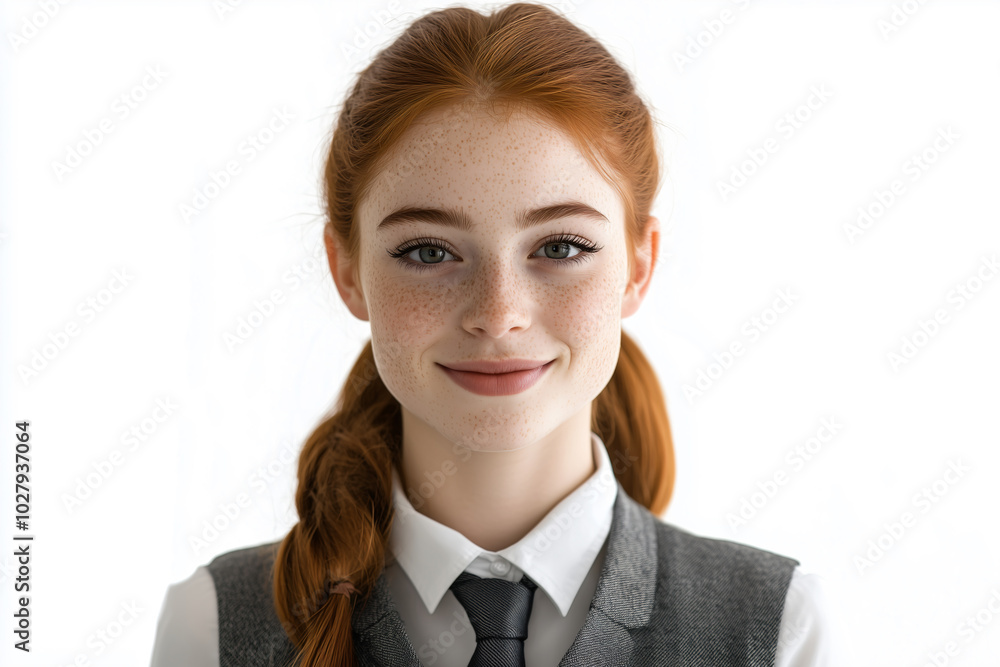 Young pretty redhead girl over isolated white background in business uniform Young pretty redhead girl over isolated white background in business uniform