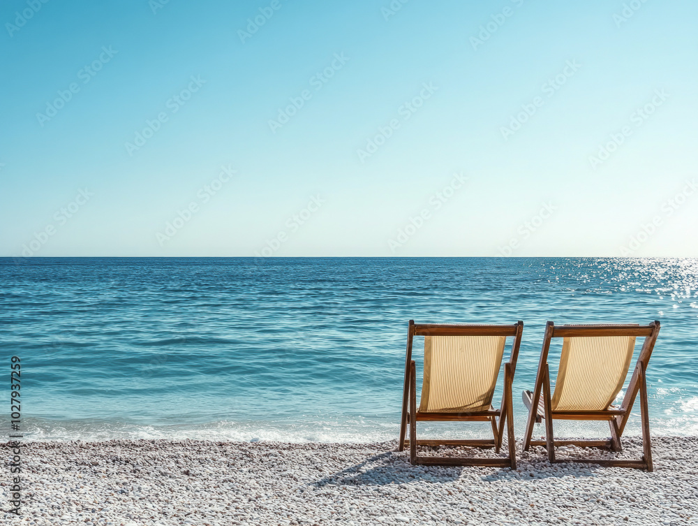 Two Wooden Lounge Chairs on a Peaceful Beach Two Wooden Lounge Chairs on a Peaceful Beach